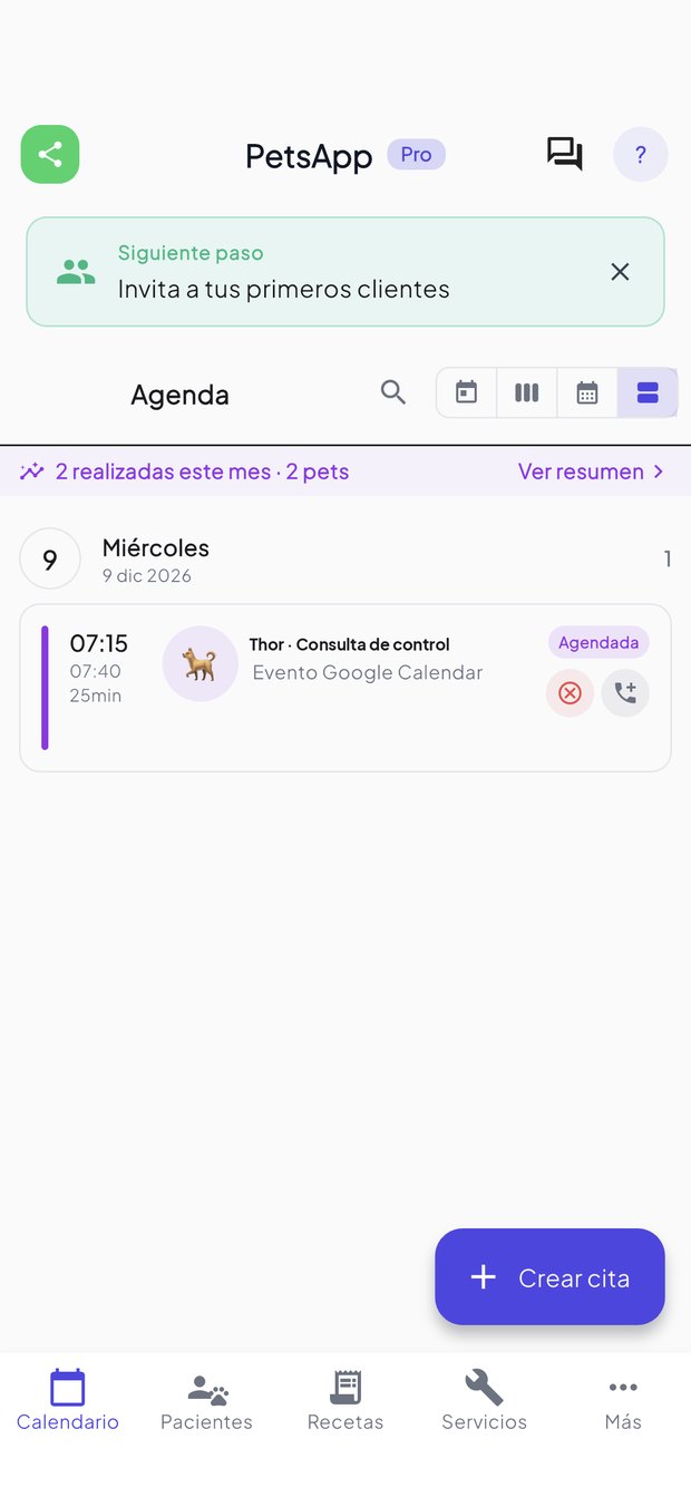 Agenda del profesional no app PetsApp